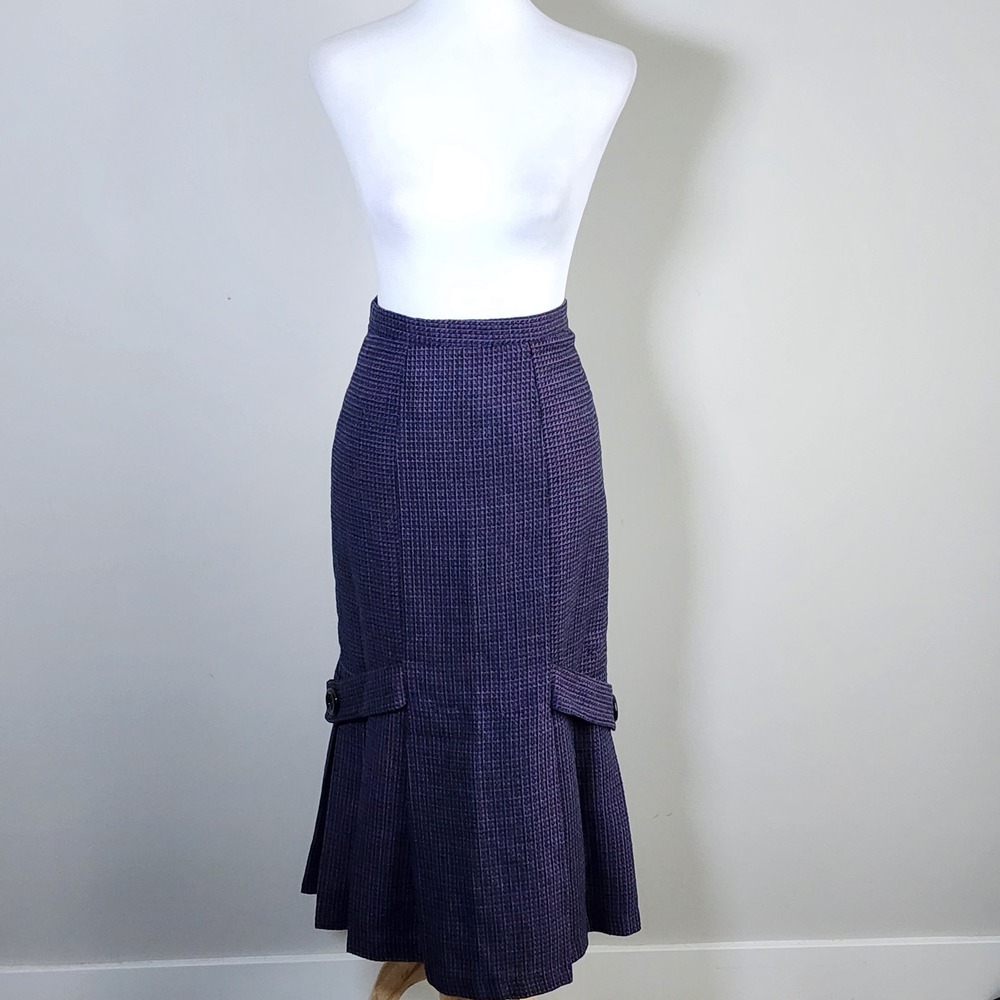 Vintage 70s Tweed Pleated Midi Skirt Womens 5 / 6 Purple Plaid Wool Blend Twee - Picture 2 of 15